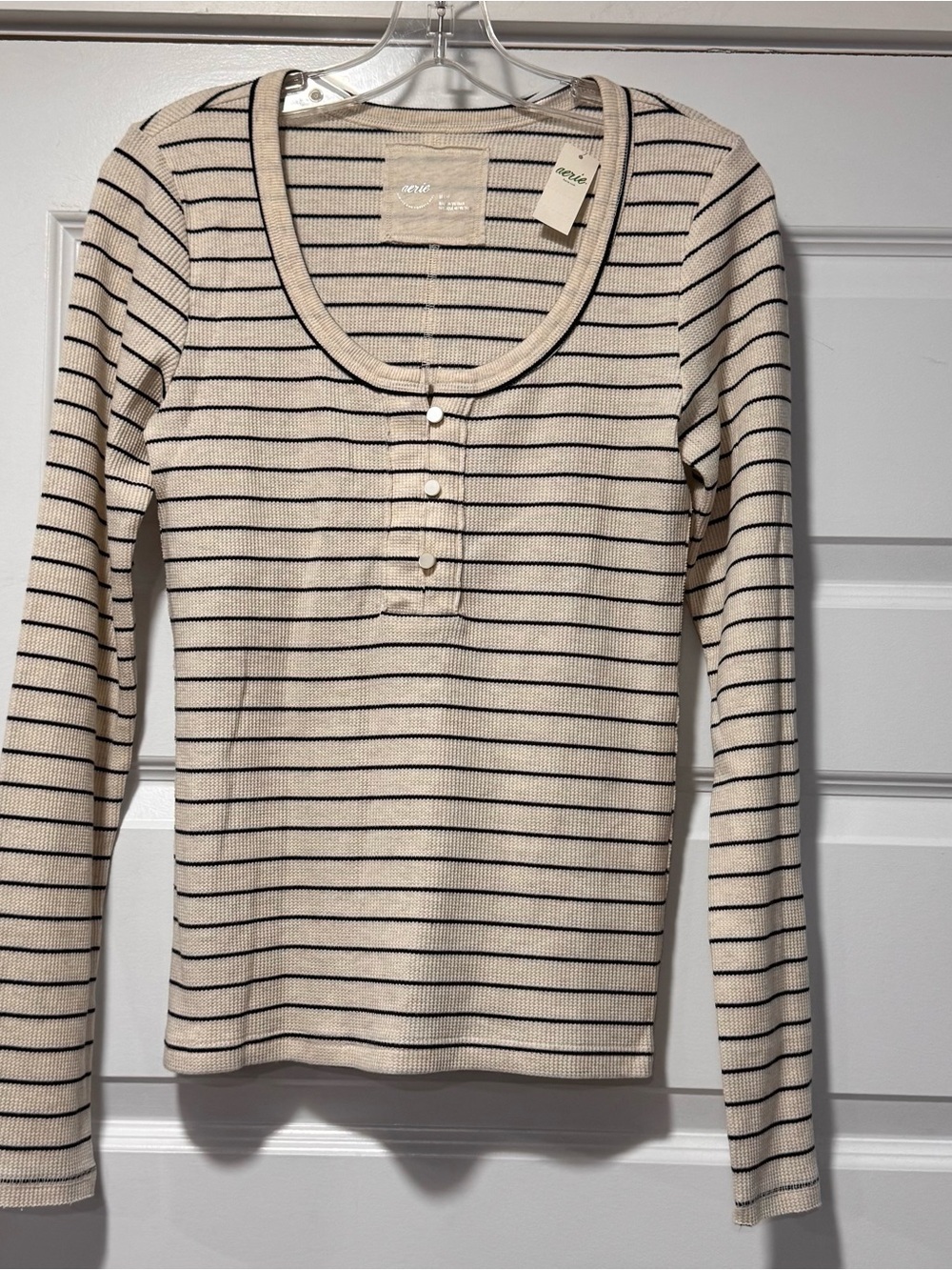 aerie Beige Striped Scoop Neck Long Sleeve Henley - Picture 2 of 13